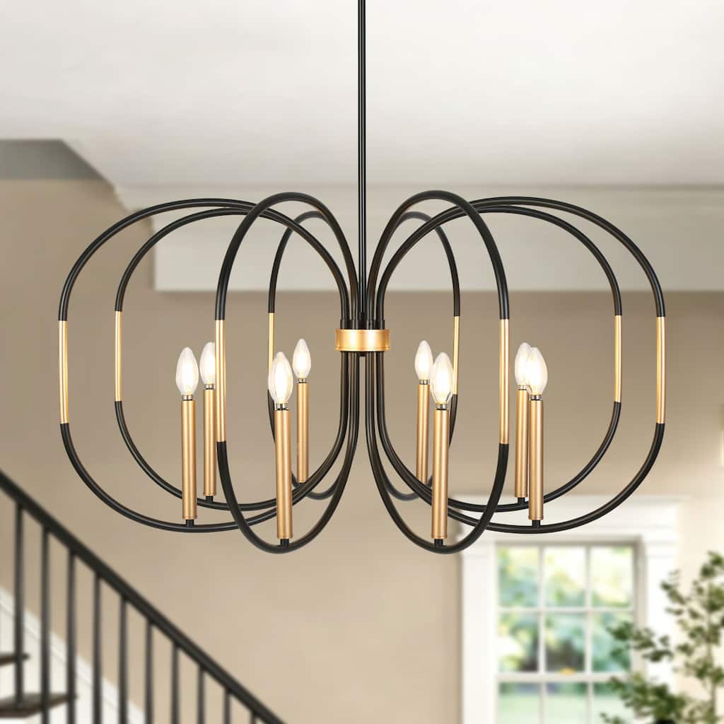 Modern Unique 8-Light Chandelier Black Gold Drum-Shape Pendant for Dining Room - 37.8 " × 20 "