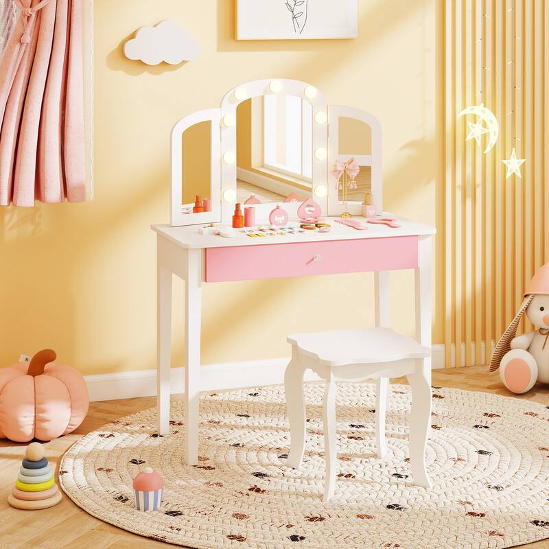 Gymax Kids Vanity Table Set 2-in-1 Princess Makeup Dressing Desk