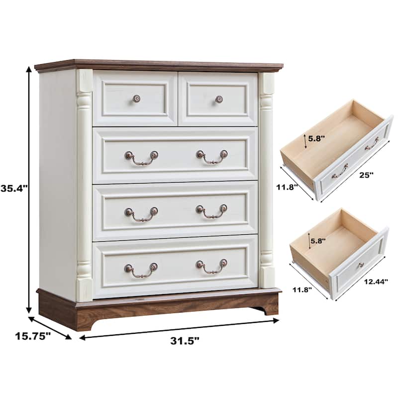 Farmhouse Rustic 5-Drawer Dresser Wooden Chest Storage Organizer with Base for Bedroom Living Room Durable Cabinet