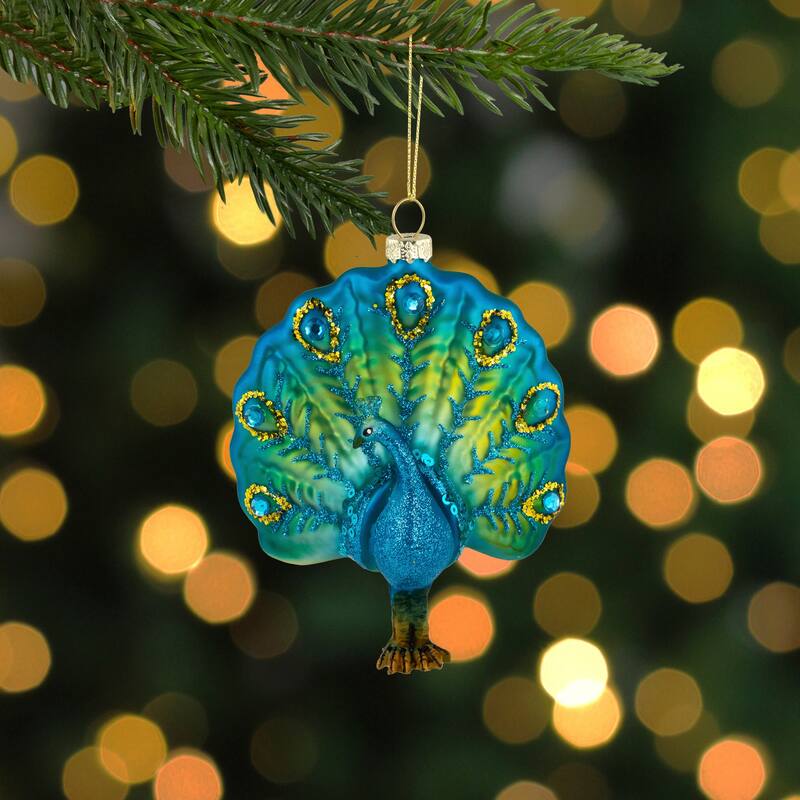 Standing Glittered Peacock Glass Christmas Ornament - 4.5" - Blue and Green