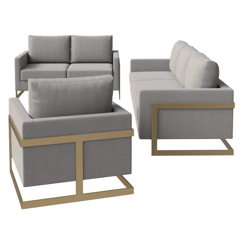 3-Piece Velvet Sofa Set with Gold Stainless Steel Base and Removable Cushions