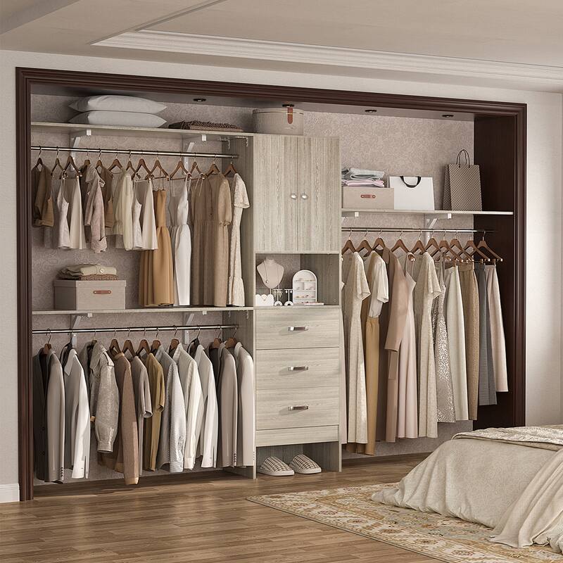 Rackcog 20.3'' - 120'' Large Closet Organizer with Doors, Closet System with Drawers and Hanging Rods (can be cut to fit) - Washed Oak