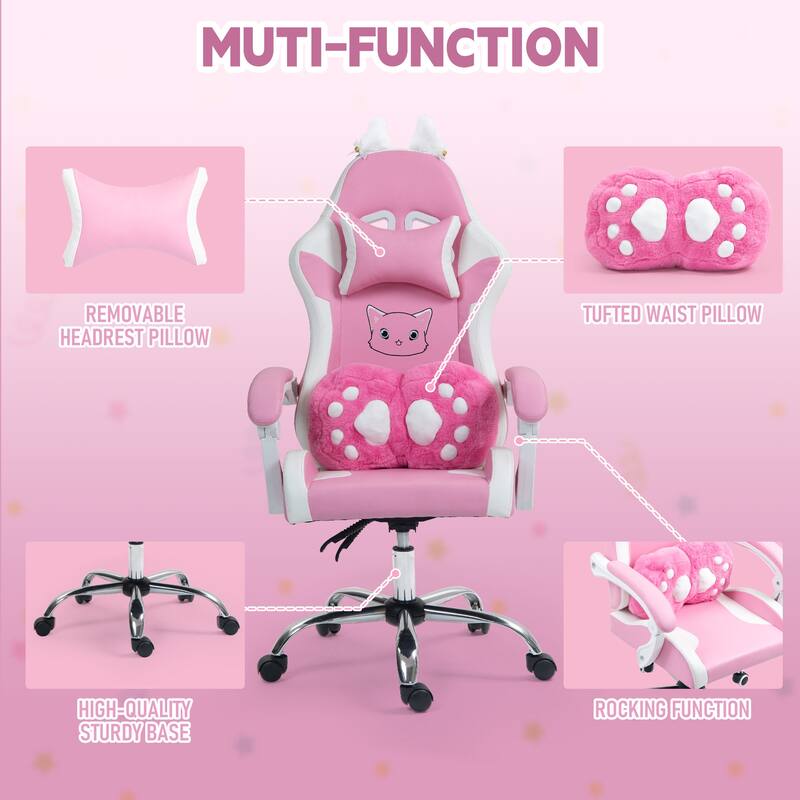 Cute Gaming Chair with Cat Paw Lumbar Cushion and Cat Ears, Ergonomic Computer Chair,Reclining PC Game Chair