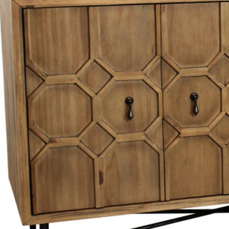 HomeRoots 91" Natural Distressed Solid Wood Carved Geometric Sideboard with Six Doors - 91.00 in. x 32.00 in. x 20.00 in.