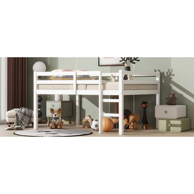 Roomfitters Full Rubber Wood Loft Bed with Ladder, Reinforced Slat Platform, Low Height Space Saving Design