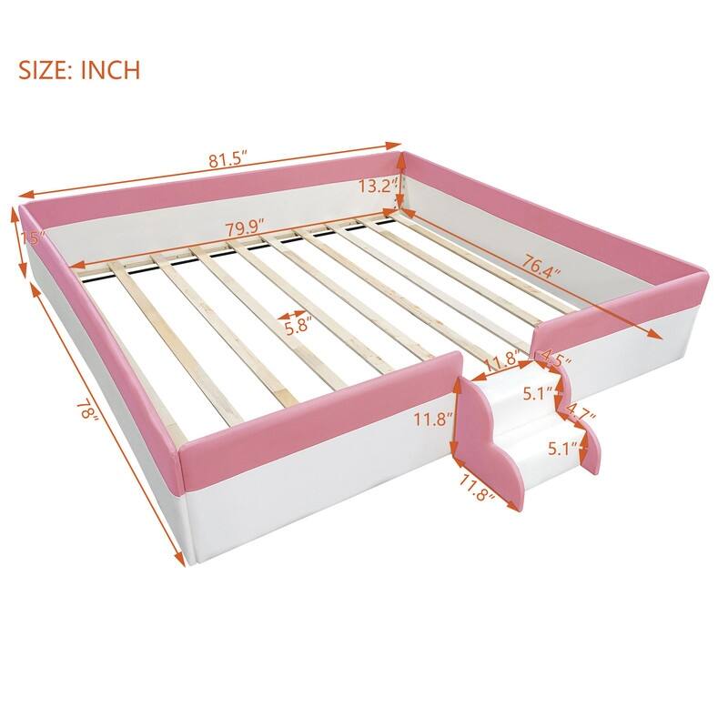 Twin/ Full/ Queen/ King Size Upholstered Kids Floor Bed Frame with Guardrail and Little Stairs, Soft PU Platform Bed