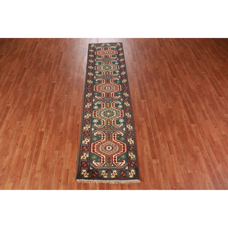 Teal Blue Geometric Kazak Indian Runner Rug Handmade Wool Carpet - 2'6" x 9'8"