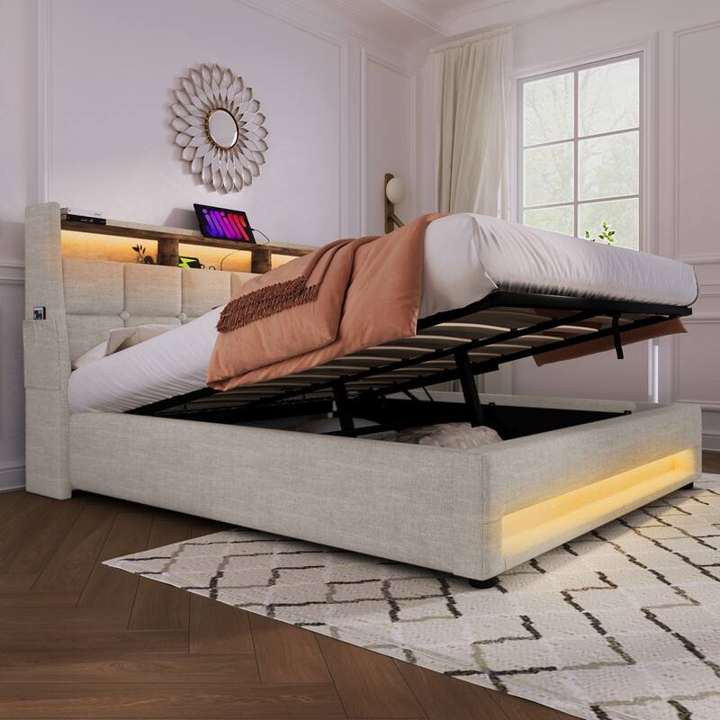 Upholstered Platform Bed with Hydraulic Storage System, LED and USB Charging
