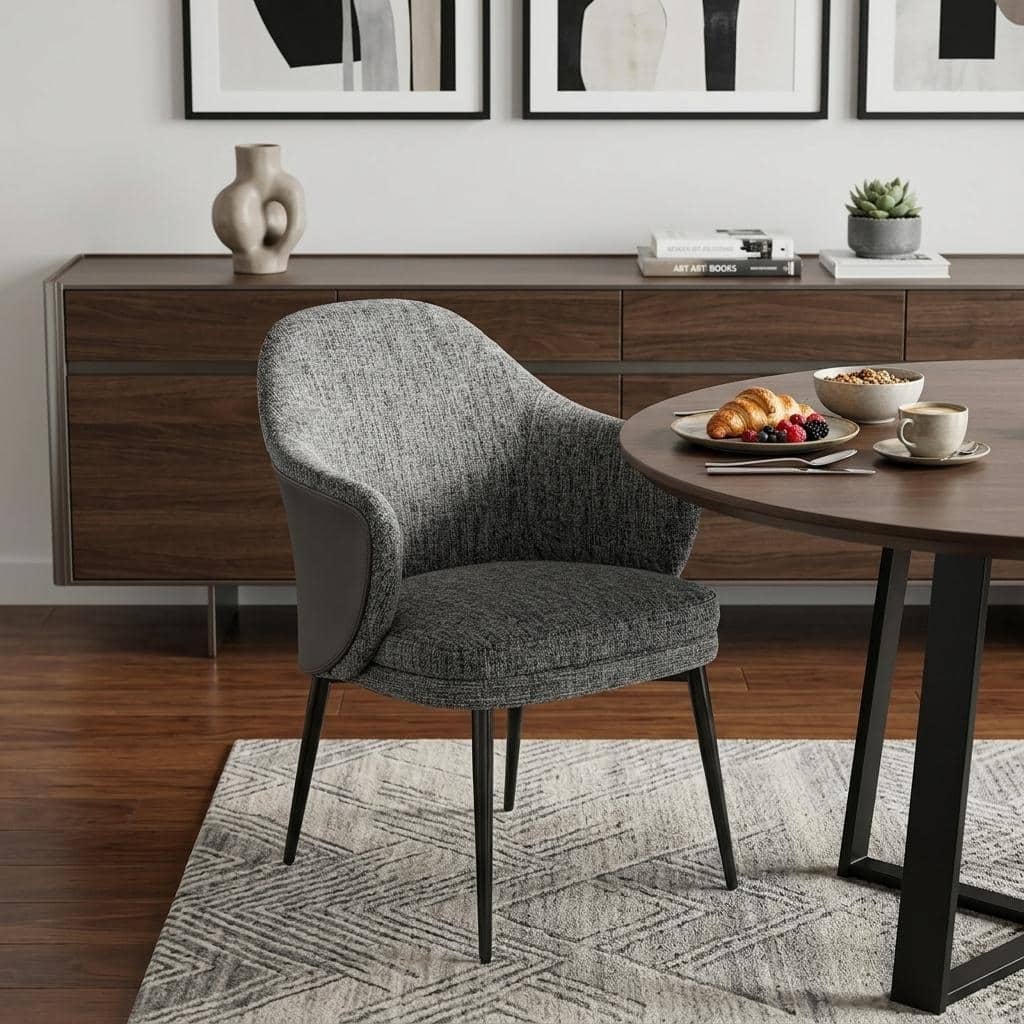 HomeRoots Gray and Black Upholstered Fabric And Faux Leather Wing Back Dining Arm Chair - 24.00 in. x 32.00 in. x 26.00 in.