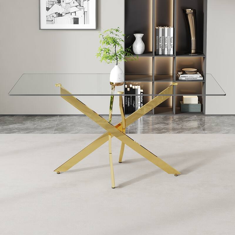 Large Modern Minimalist Rectangular Glass Dining Table with 0.3"Tempered Glass Tabletop and Gold Metal Legs, for 4-6 people