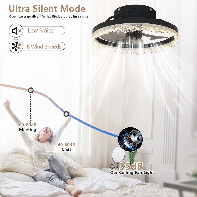 16" Decorative LED Ceiling Fan Light - Modern Flush Mount with Crystal-Inspired Acrylic Ring, Hidden Blades, Remote Control
