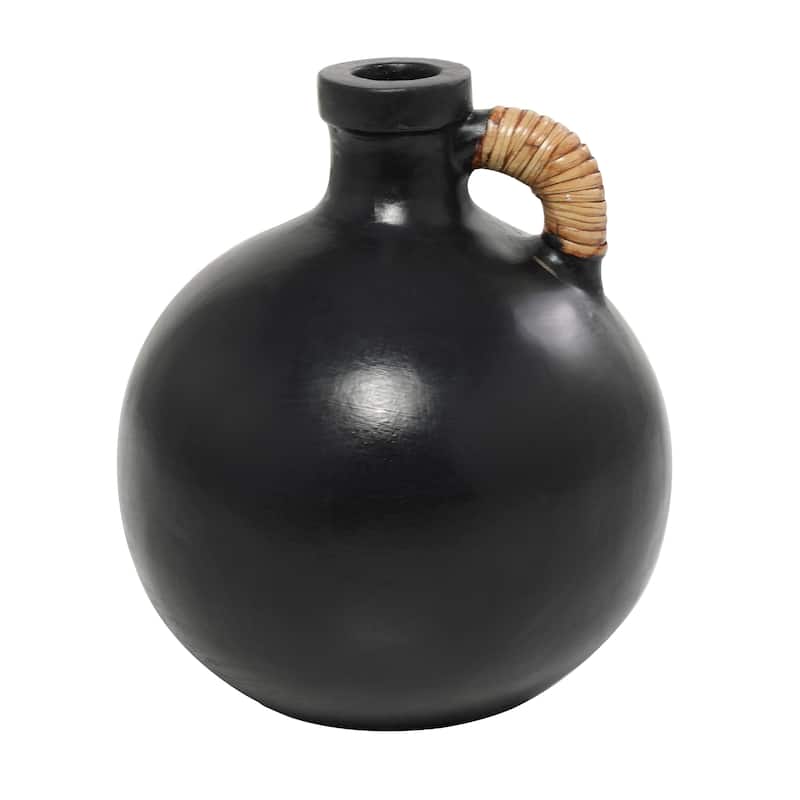 Black Ceramic Jug Inspired Vase with Rattan Wrapped Handle