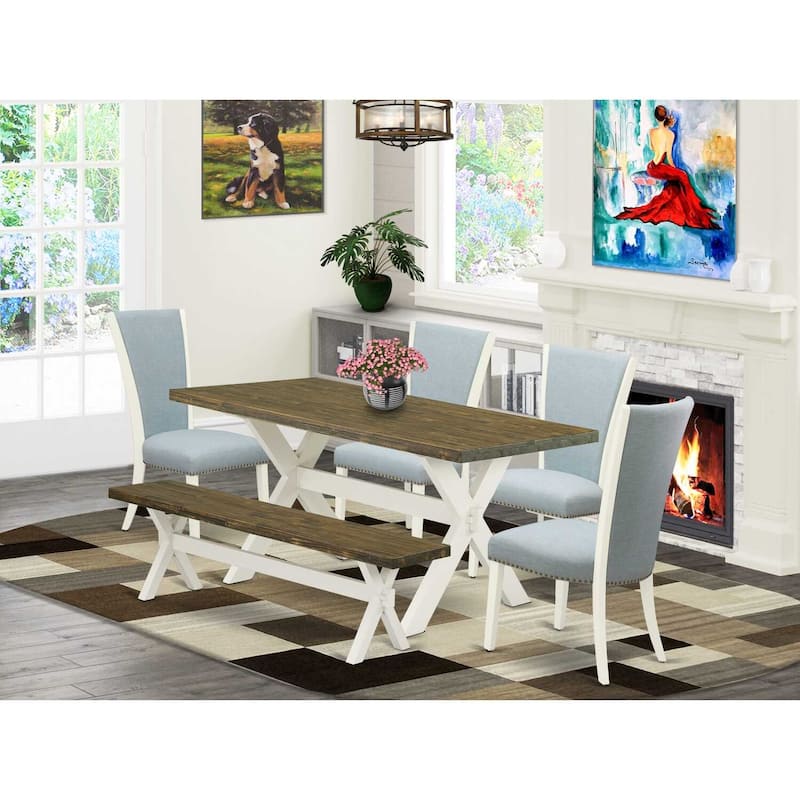 HomeStock 6-Piece Rectangle Distressed Jacobean Finish Solid Wood Top Dining Table with 1-Bench, 4-Chairs