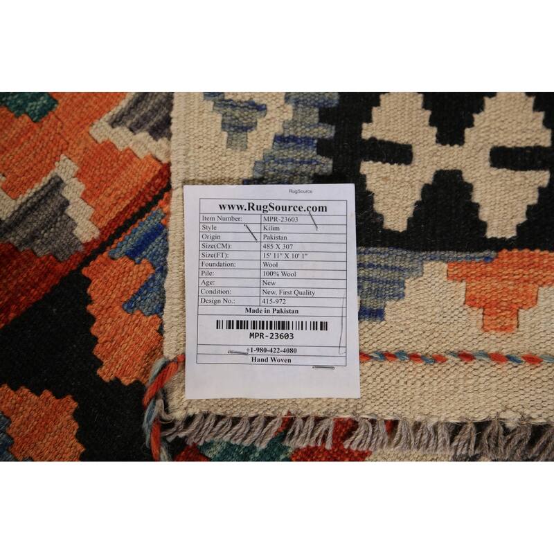 All-Over Geometric Kilim Oriental Large Rug Flatweave Wool Carpet - 10'1"x 15'11"