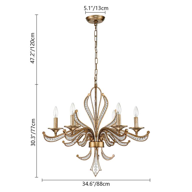 6-Light Mid-Century Modern Transitional Antique Silver Round Hand-Beaded Crystal Candle Large Chandelier