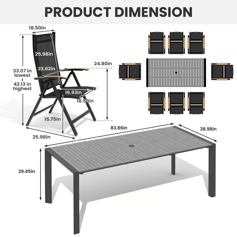 7/9/11-Piece Outdoor Dining Set Patio Aluminum Dining Table and Adjustable Folding Chairs