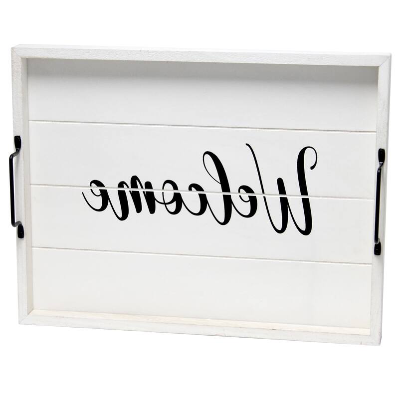 HomeRoots 16" White And Black Welcome Serving Tray With Handles - 15.50 in. x 2.25 in. x 12.00 in.