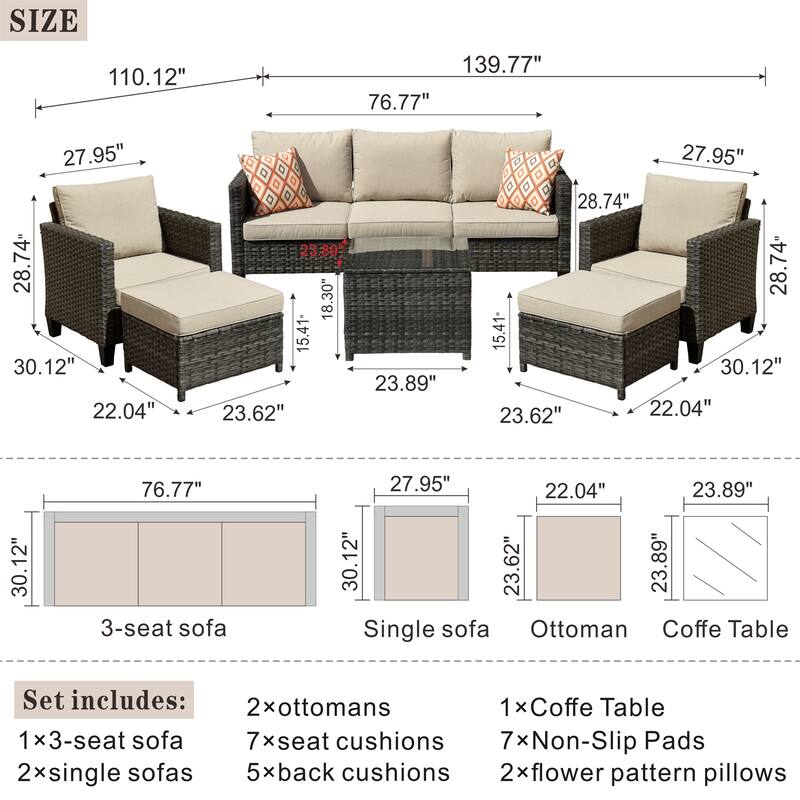 OVIOS 6-piece Outdoor Patio Wicker Conversation Set With Glass-Top Table