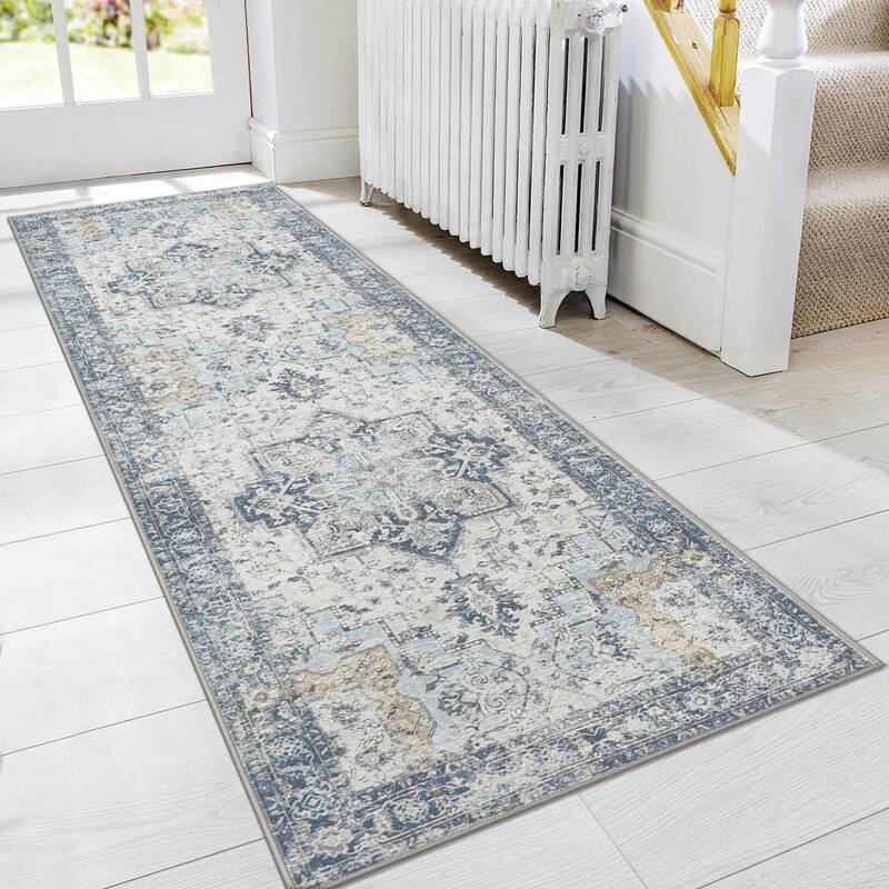 Mcow Neutral Floral Low Pile Machine Washable Non-Slip Area Rug