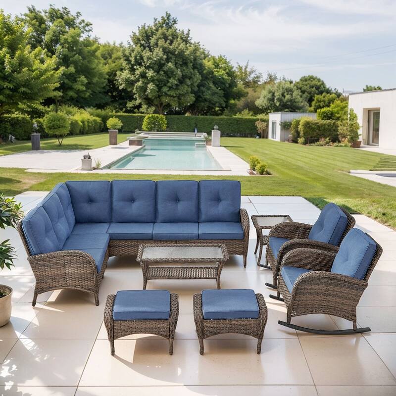 Gymojoy L-Shaped Outdoor Sectional Sofa Set, PE Wicker Couch with Water-Resistant Olefin Cushions - 7-Piece included Rocking Chairs - Blue