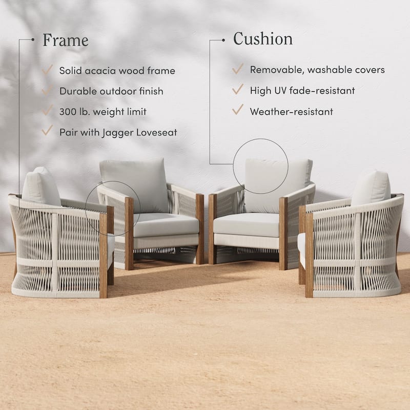 Jagger Farmhouse Patio Seating with Solid Acacia Wood Frame, Cushions, and Rope Accent