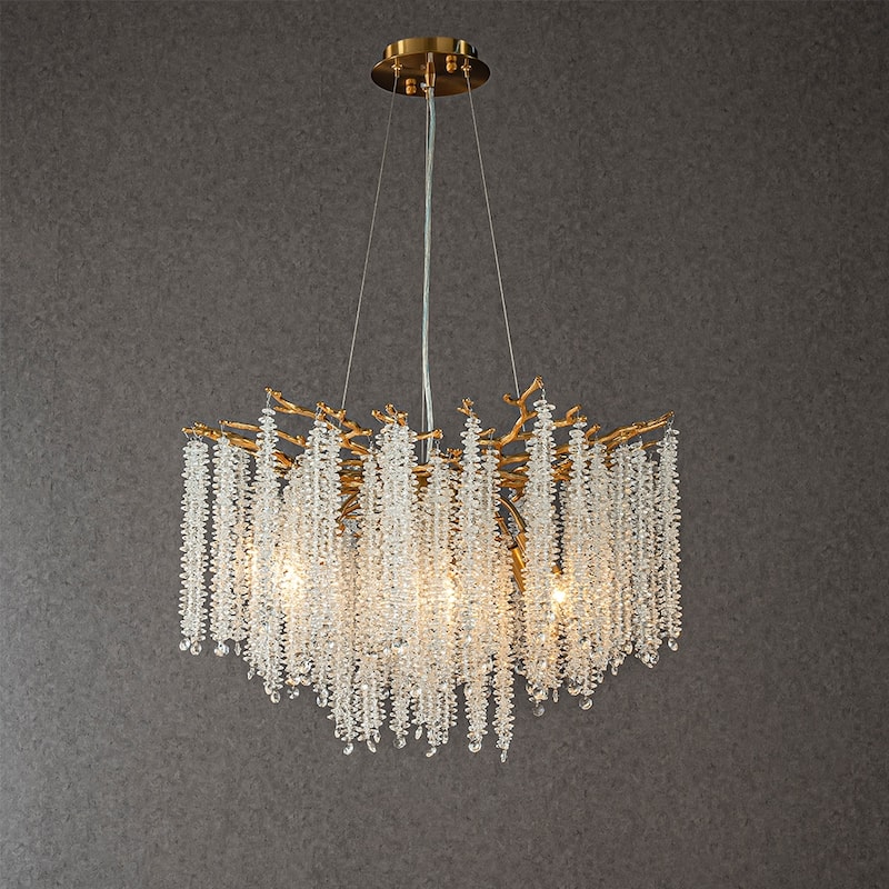 CraftHome Modern Glam Crystal Chandelier Branch Style Pendant Ceiling Light for Dining Room Bedroom Living Room Entryway - Antique Brass - W25''