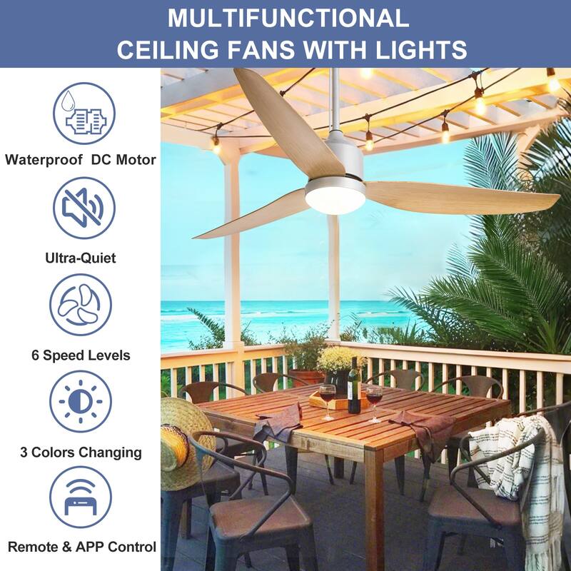 Outdoor Ceiling Fan with Light: 42-52 Inch Hanging - Plug in Waterproof Fans for Patio - Dimmable Remote App Control Black
