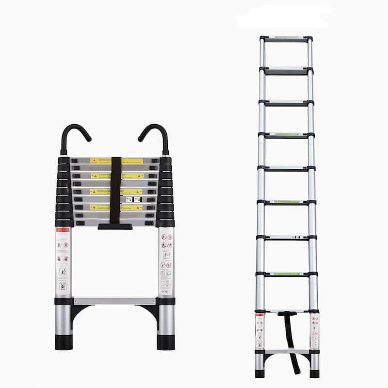 Anmytek 9.5 Foot Aluminum Telescopic Ladder with Stabilizers and Hooks 330 lbs Capacity Multi Purpose Folding Extension Ladder - Silver