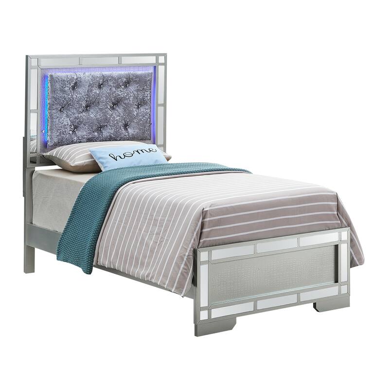 Asian Allure Twin Panel Bed - Silver Champagne Velvet Upholstered Headboard - 79"L x 57"W x 41"H