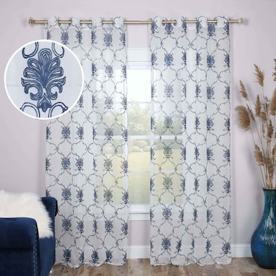 Superior Embroidered Elegant Scroll Sheer Grommet Curtain Panel - (Set of 2)