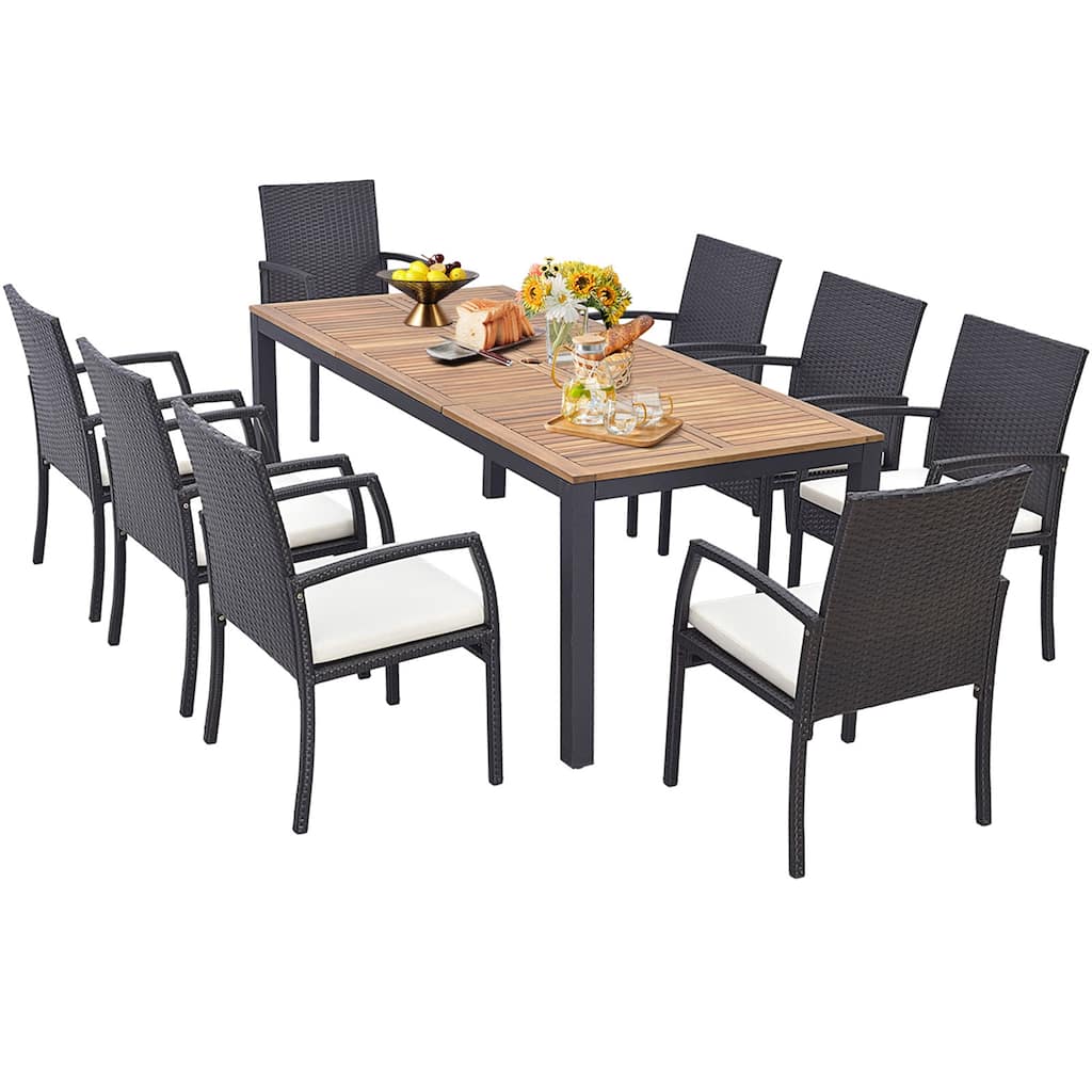 Costway 9 PCS Patio Rattan Dining Set with Acacia Wood Table, - See Details