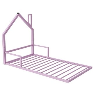 Twin Size Metal Floor Bed With House-Shaped Headboard, Pink