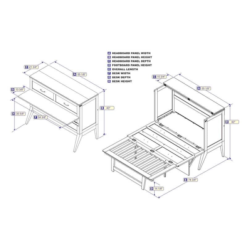 Murphy Bed Desk Full Size - Folding Bed with Memory Foam Mattress & USB - Grey Home Office Space Saver