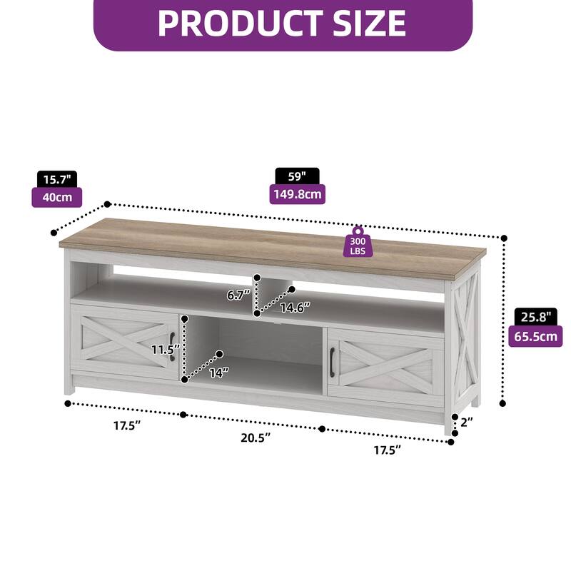 Moasis Farmhouse TV Stand for up to 65" TV with Doors and Open Shelves Media Console Power Outlet