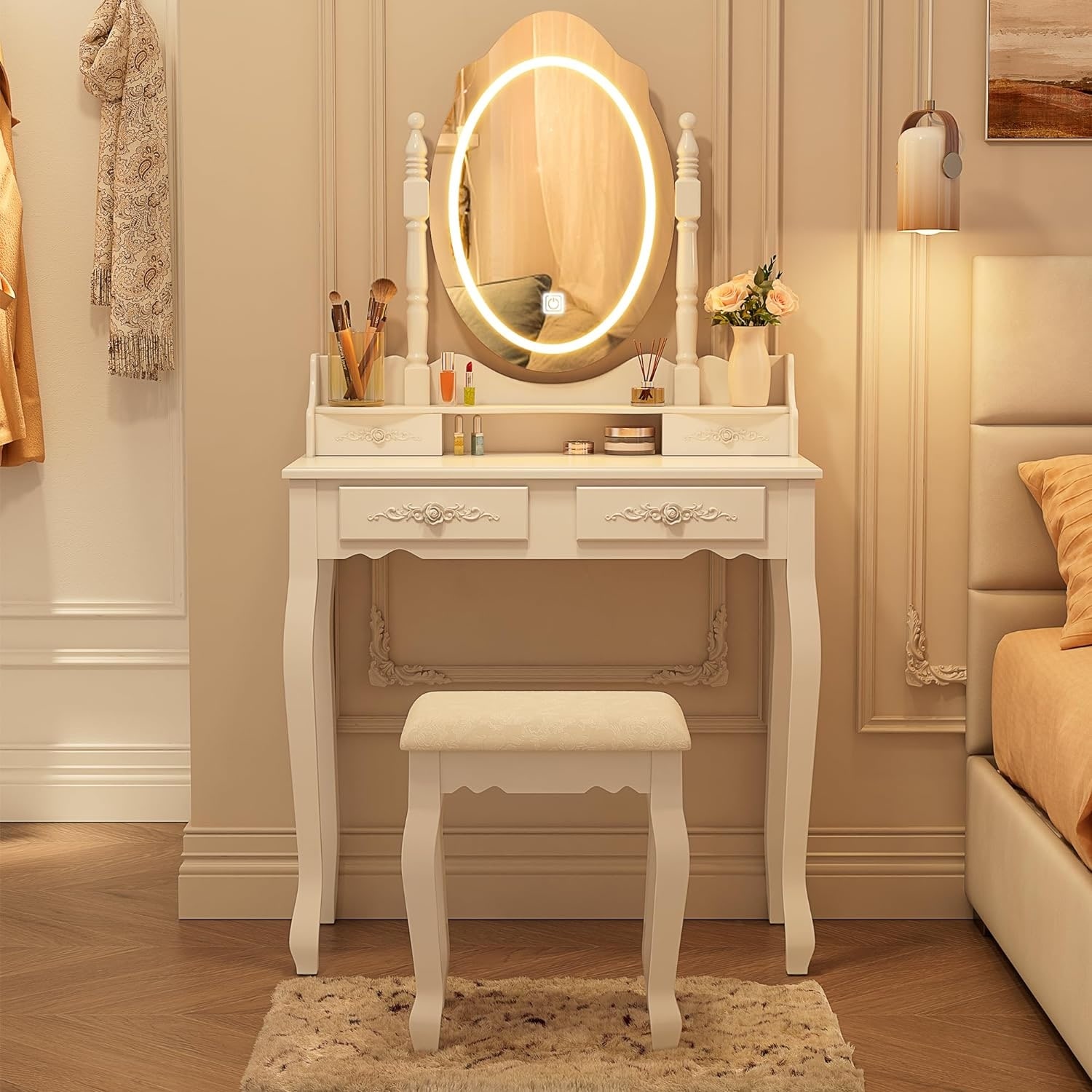 Modern Vanity Makeup Table with Mirror, Lights, and Cushioned Stool, 4 Drawers, Adjustable Lighting