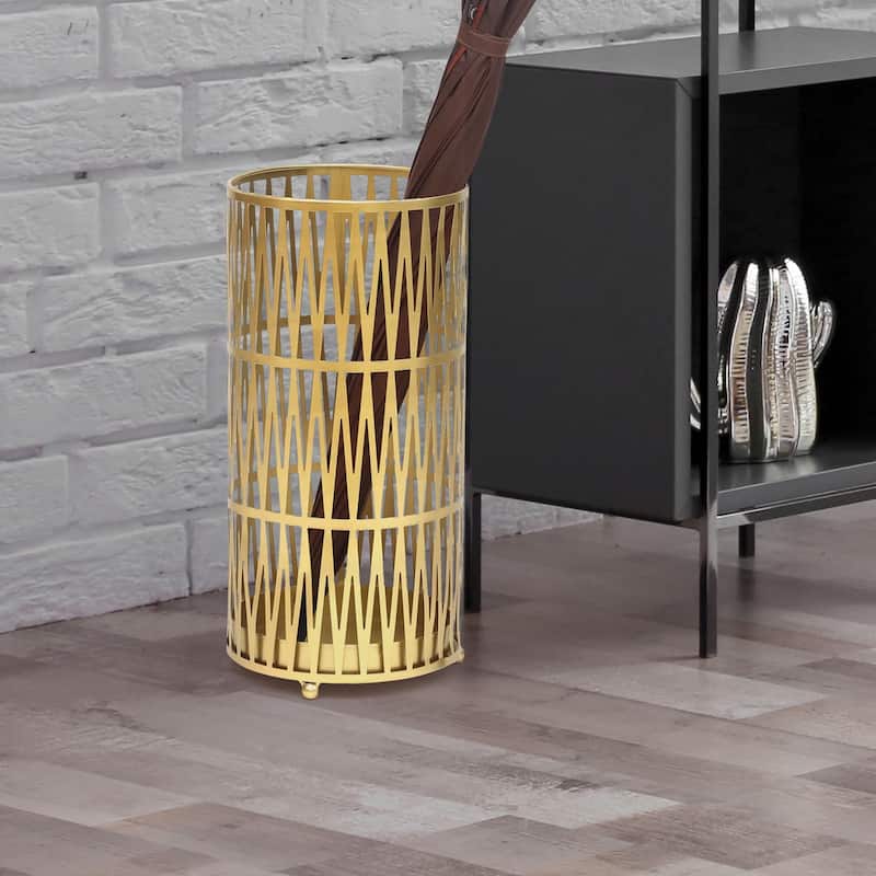ADECO Stand Gold / Black Round RackMetal Umbrella Cane Walk Stick Drip Tray - 9. 2"x9. 2"x19"