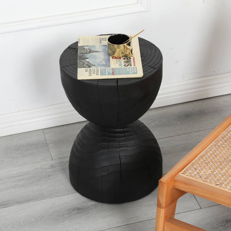 Solid Mango Wood Side End Table in Black, 17.7 inch Round Contemporary Wooden Accent Table, Small Round Plant Stand