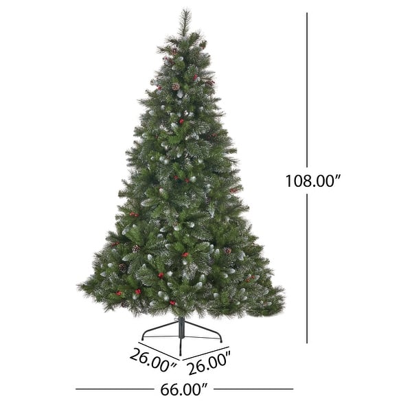dimension image slide 2 of 3, 9-ft Spruce Pre-Lit or Unlit Artificial Christmas Tree with Glitter Branches, Red Berries & Pinecones by Christopher Knight Home