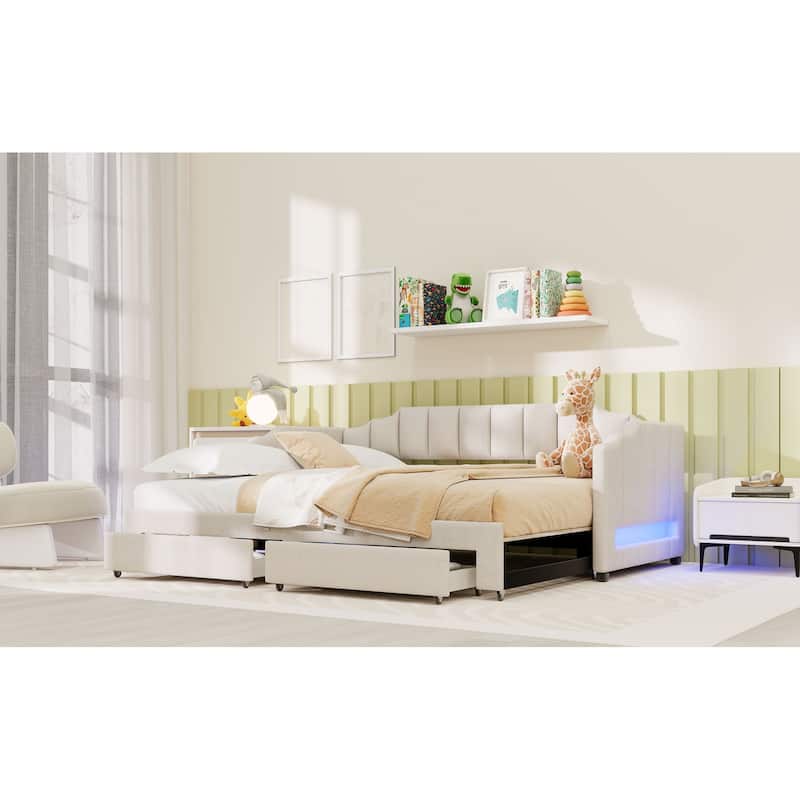 Extendable Twin XL to King Upholstered Daybed with Storage Drawers and LED Light, Beige