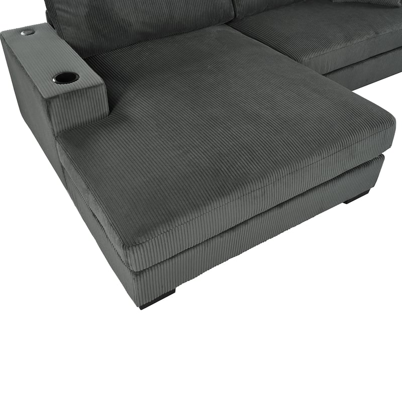 Grey Corduroy Large Sectional Sofa with Thick Cushions, Cup Holders & Charging Ports