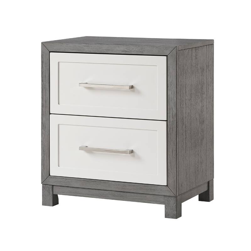 Rowy Nightstand, 2 Drawer Polished Bar Handles, Ivory and Gray Veneer