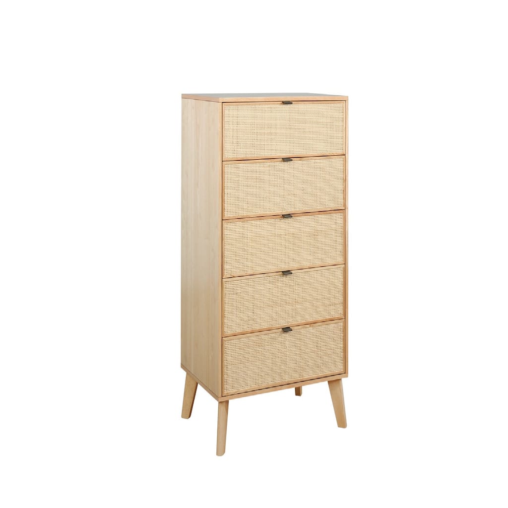 Ken 52 Inch Pinewood Tall Dresser, 5 Cane Rattan Drawers, Natural Brown