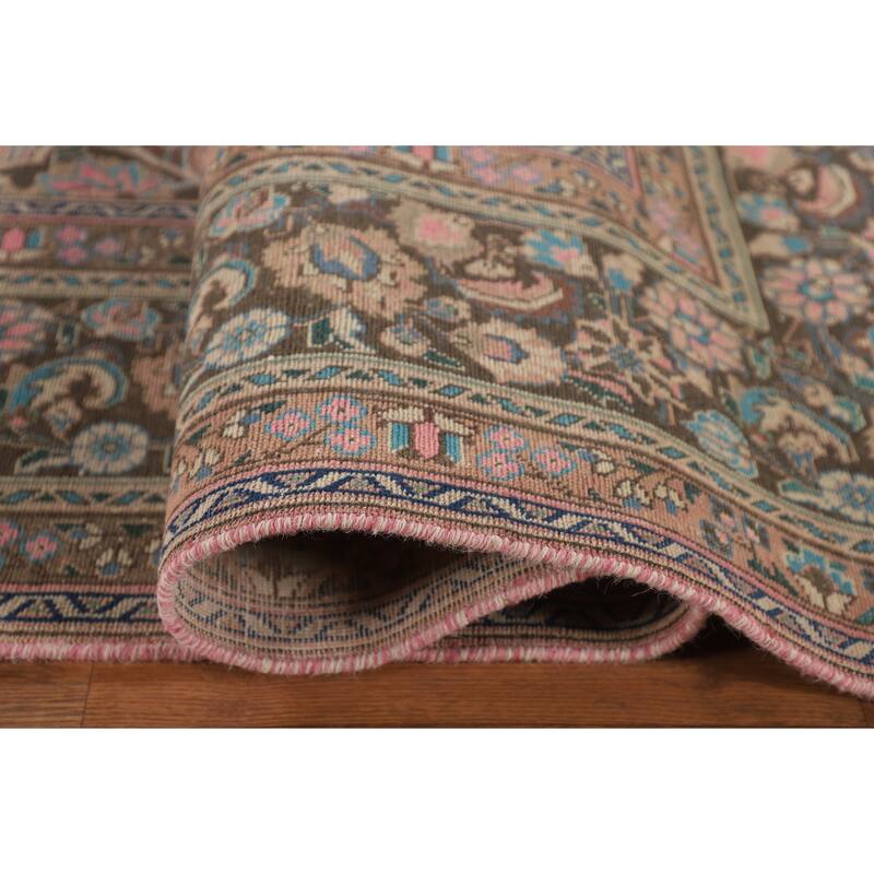 Traditional Pink Mashad Persian Vintage Rug Handmade Wool Carpet - 9'6"x 12'6"
