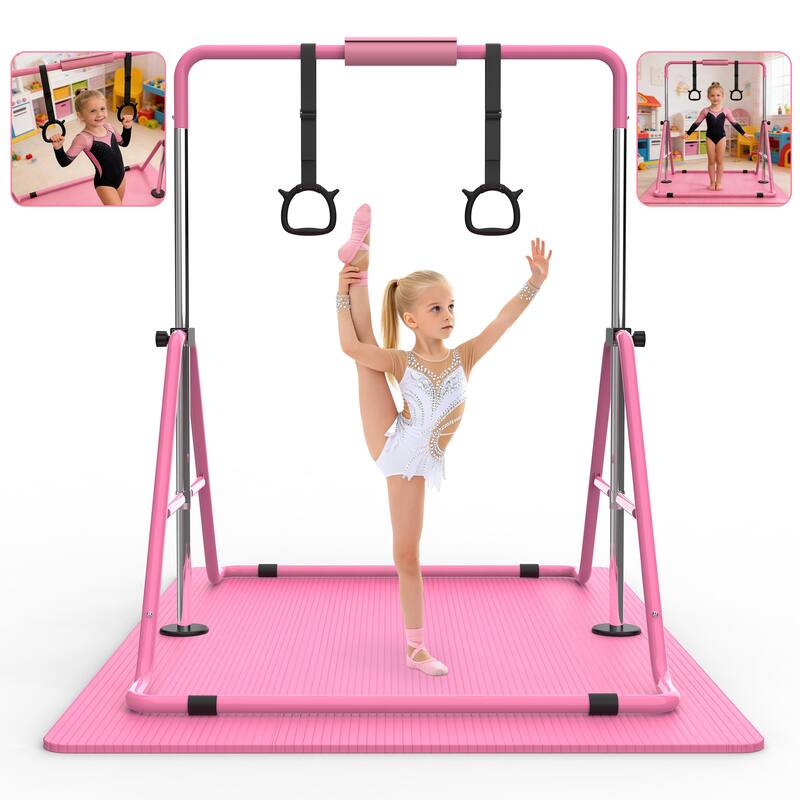 Gymnastics Bar for Kids, Gymnastics Horizontal Bar with Adjustable Height Foldable Training Bar with Mat for Home Practice