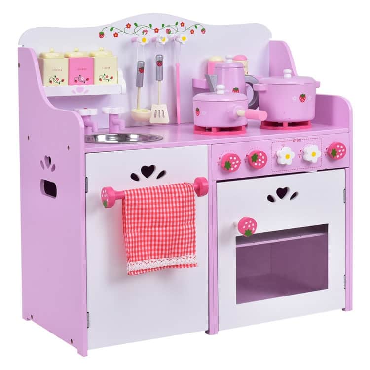 Kids Wooden Kitchen Toy Strawberry Pretend Cooking Playset - 23.6" x 11.6" x 24.4" (L x W x H)