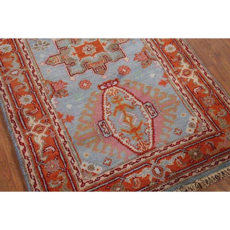Blue Geometric Khotan Indian Accent Rug Hand-Knotted Wool Carpet - 3'1"x 5'2"