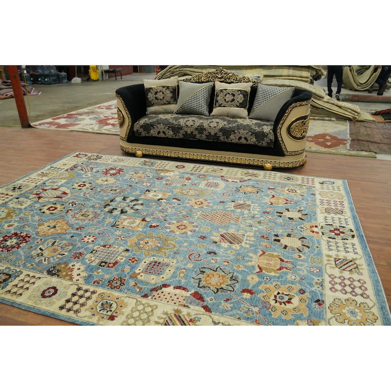 All-Over Floral Blue Oushak Vegetable Dye Area Rug, Floral Geometric Carpet - 11' 7'' X 8' 9''