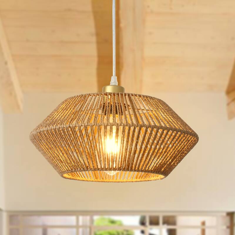 1-Light Modern Semi Flush Mount Chandelier, Handmade Rattan Hanging Pendant Light for Kitchen Island - W12.59"x H5.7"
