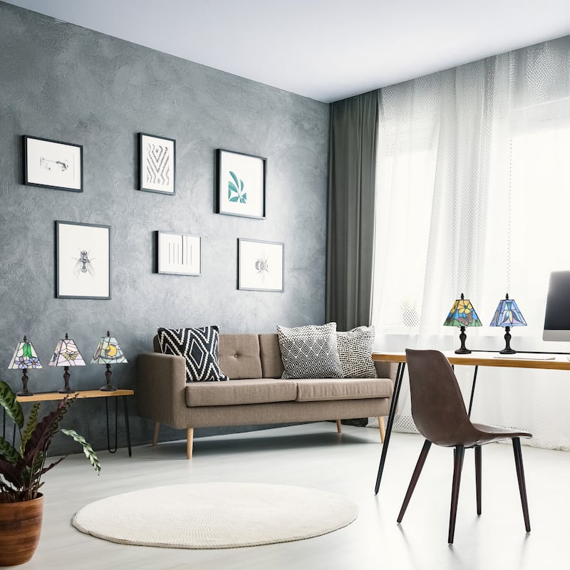 Zola River of Goods Polyresin and Stained Glass Square Shade 12-Inch Accent Lamp Set of Five - 6" x 6" x 12"