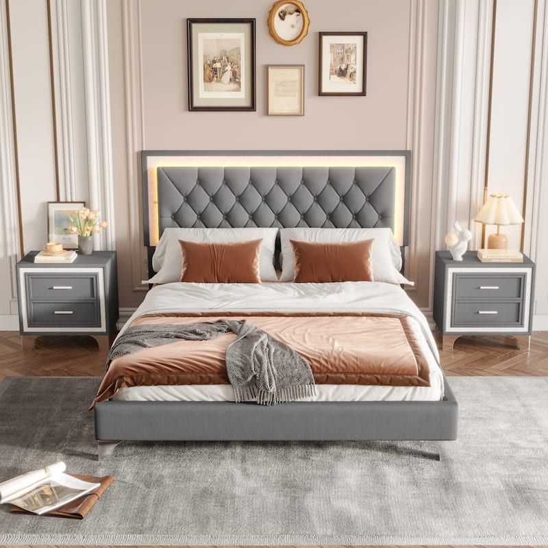 3-Pieces Bedroom Sets, Queen Size Upholstered Platform Bed with LED Lights and Two Nightstands-Gray